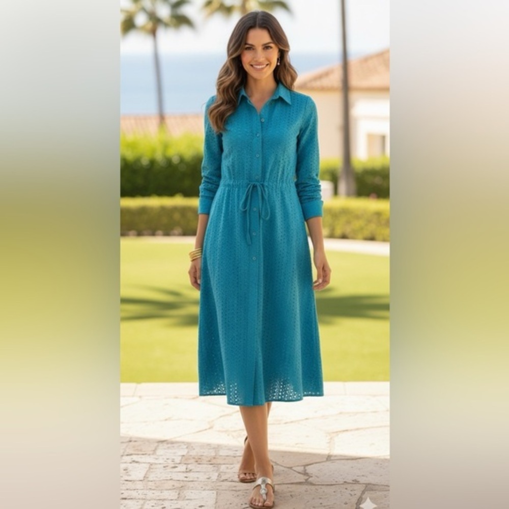 Soft surroundings eyelet size 10 teal Long Sleeve Buttoned Tie Front Shirt Dress